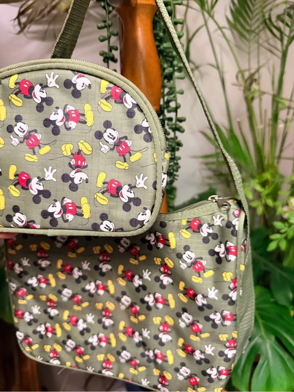 Vintage Disney Mickey Mouse Olive Green Nylon Shoulder Bag & Matching Pouch Set